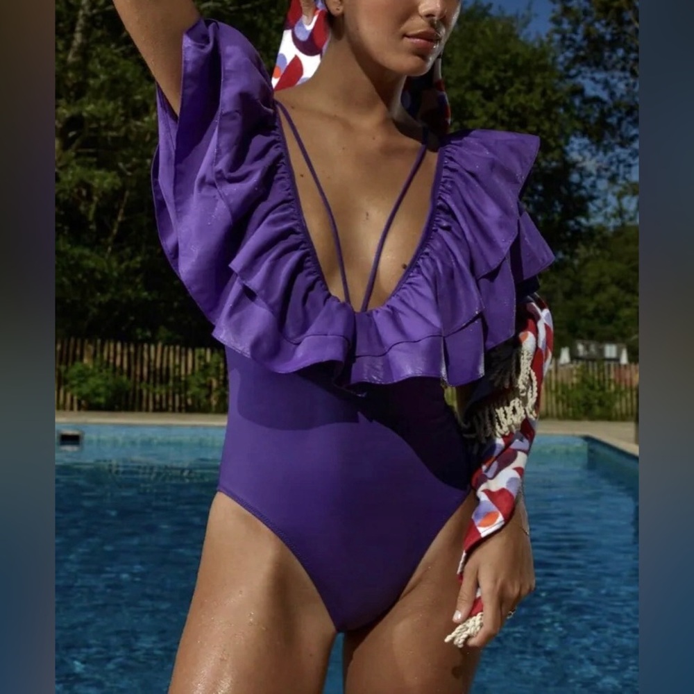 Zara LARGE RUFFLE Sleeveless V-neck Swimsuit 1pc Maxi Ruffle Detail Purple NEW